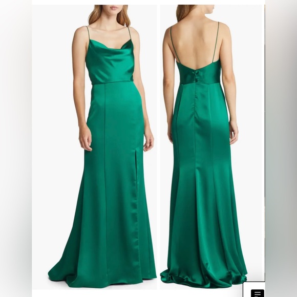 A-line Cowl Neck Satin Dress with Slit Dark Green main image 0